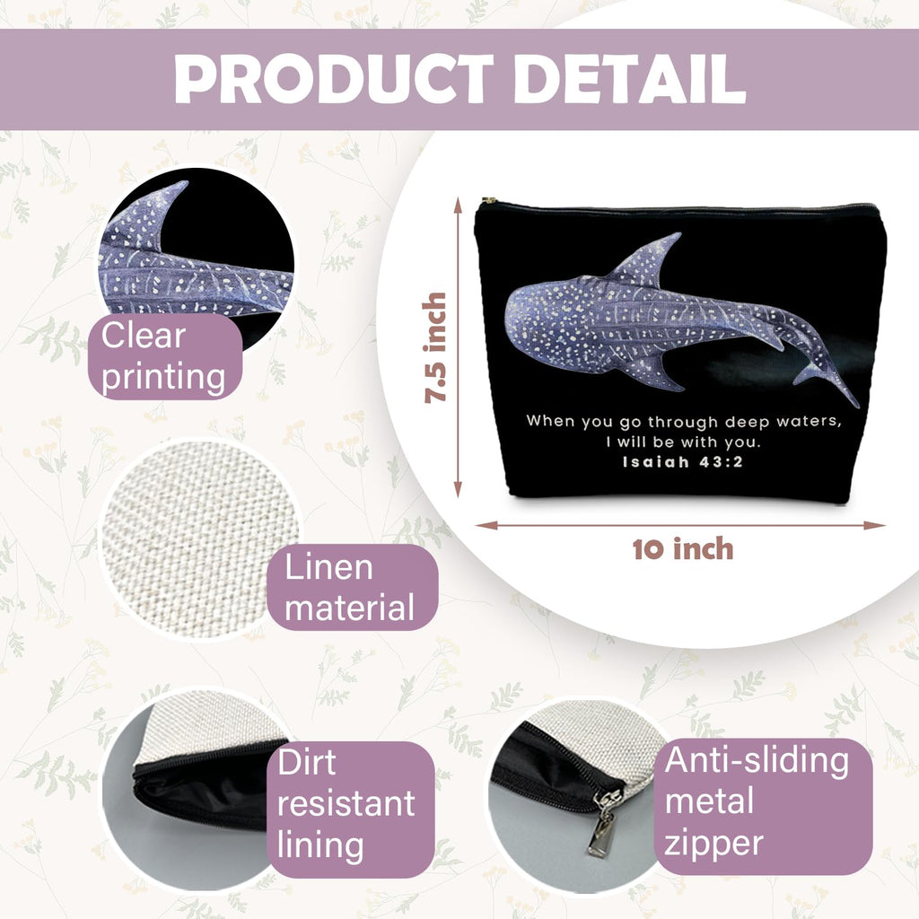 RYYCDOI Whale Shark Christian Makeup Bag Pouch, Christian Shark Gifts for Women, Bible Verse Gifts Isaiah 43:2, When you go through deep waters I will be with you(black)
