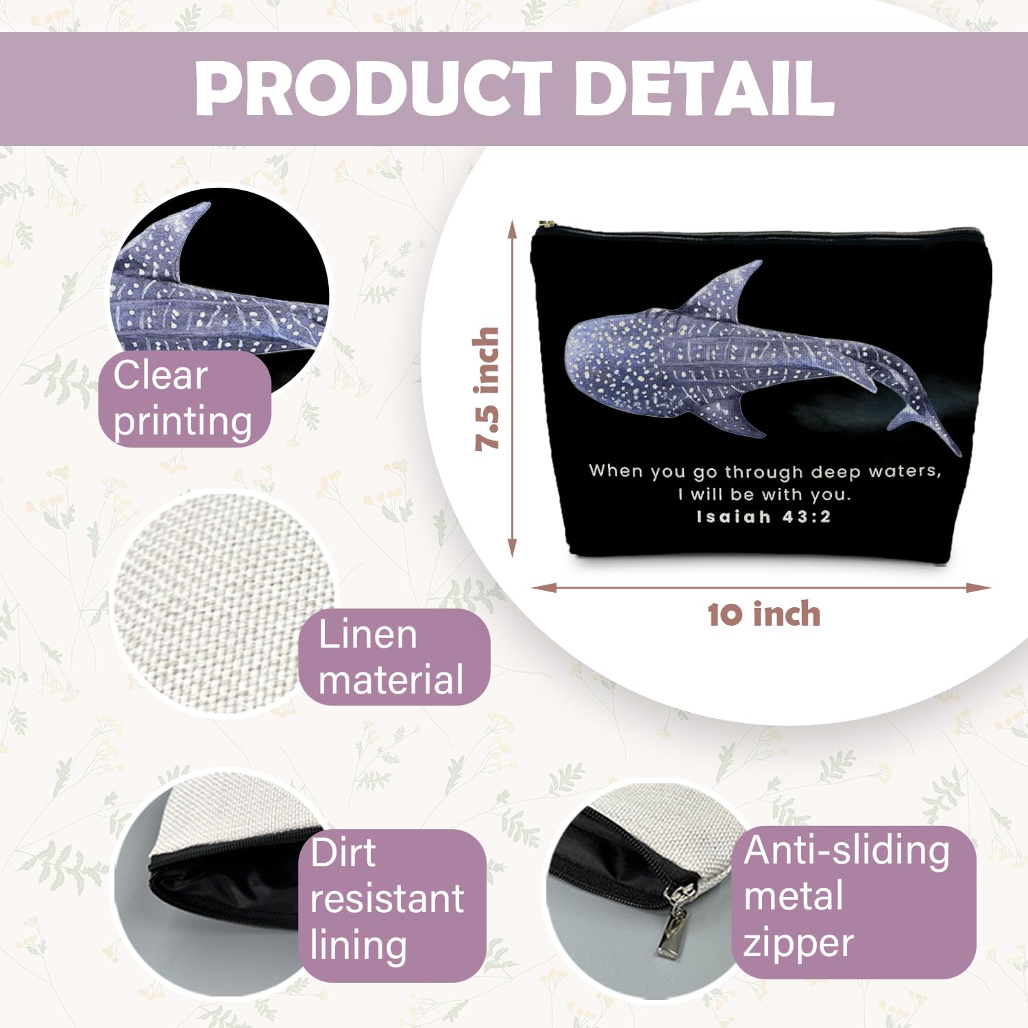 RYYCDOI Whale Shark Christian Makeup Bag Pouch, Christian Shark Gifts for Women, Bible Verse Gifts Isaiah 43:2, When you go through deep waters I will be with you(black)