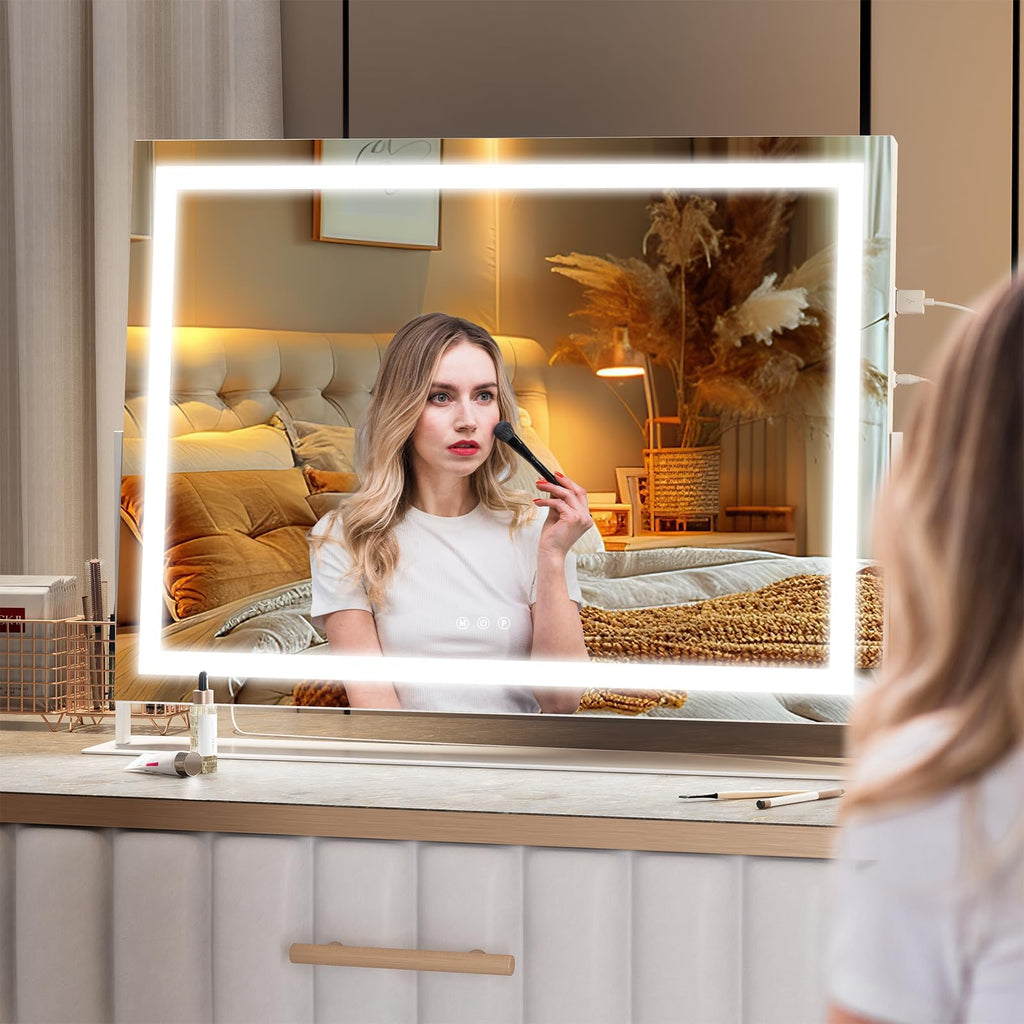 Hasipu Vanity Mirror with Lights, 28" x 20" LED Makeup Mirror, Light up Mirror with 10X Magnification and Phone Holder, USB Charging Port, Smart Touch 3 Colors Dimmable, 360° Rotation (White)