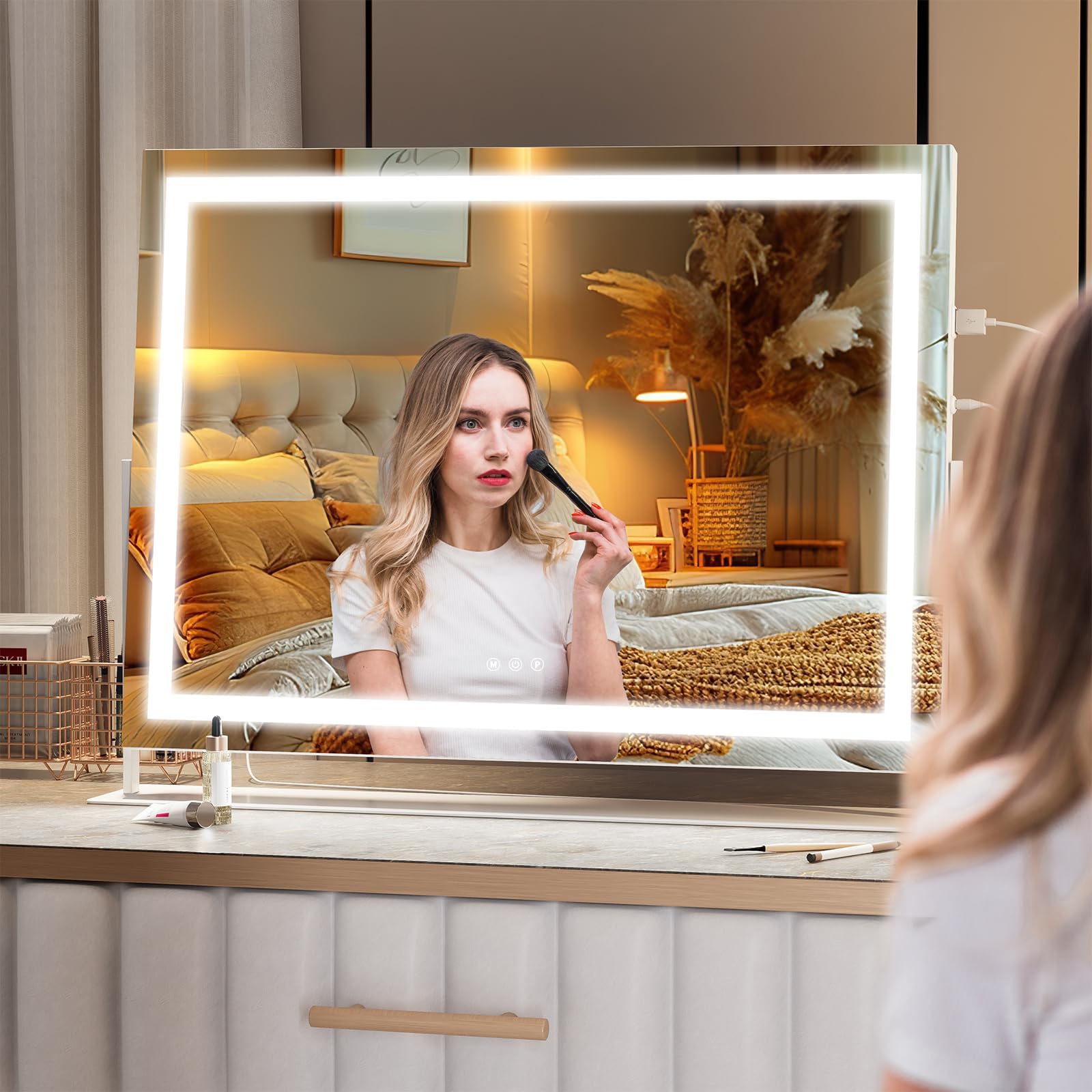 Hasipu Vanity Mirror with Lights, 28" x 20" LED Makeup Mirror, Light up Mirror with 10X Magnification and Phone Holder, USB Charging Port, Smart Touch 3 Colors Dimmable, 360° Rotation (White)