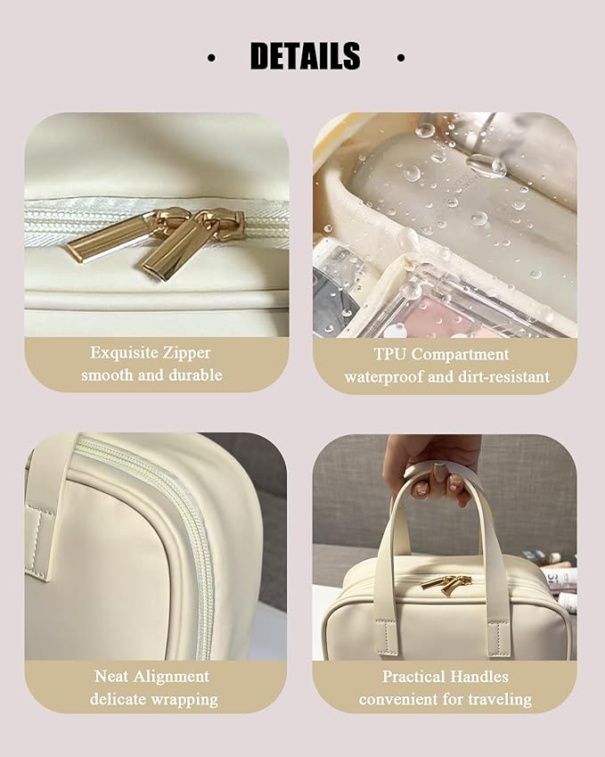 VIDIBESTY Travel Makeup Bag Skin-feel Leather, Large Capacity Cosmetic case for Women, Waterproof Portable Make up Organizer with Divider and Handle for Toiletries, Beauty Essentials (Beige)