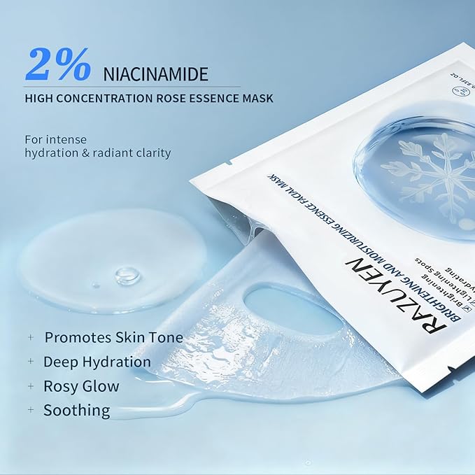 RAZUYEN Brightening & Hydrating Face Mask with Niacinamide, 10 Packs