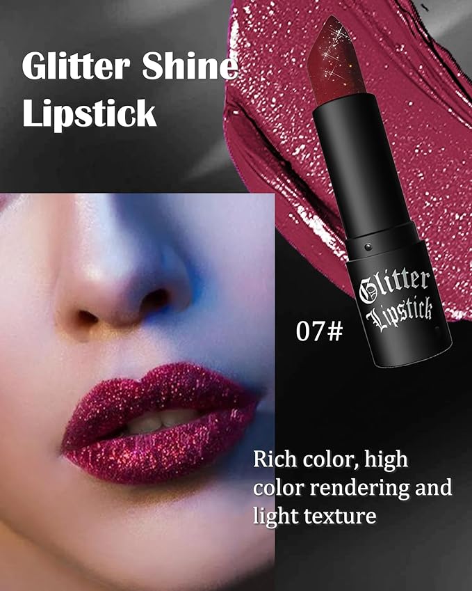 Glitter Frosted Lipstick, Matte Metallic Lip Gloss, Halloween Gothic Makeup