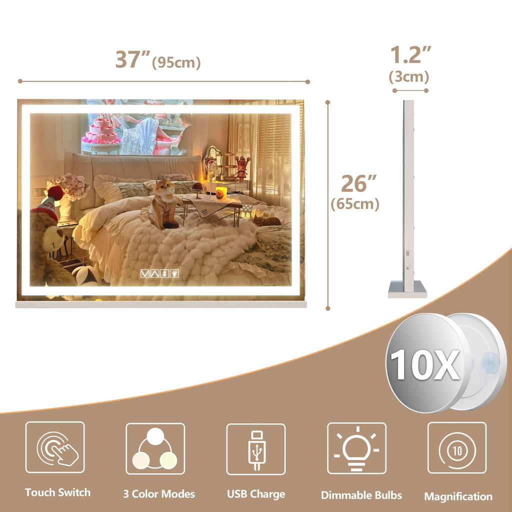 Hasipu Vanity Mirror with Lights and Bluetooth Speaker, 37" x 25.6" LED Makeup Mirror, Lighted Makeup Mirror with Dimmable 3 Modes, Touch Screen Control Vanity Mirror Square White