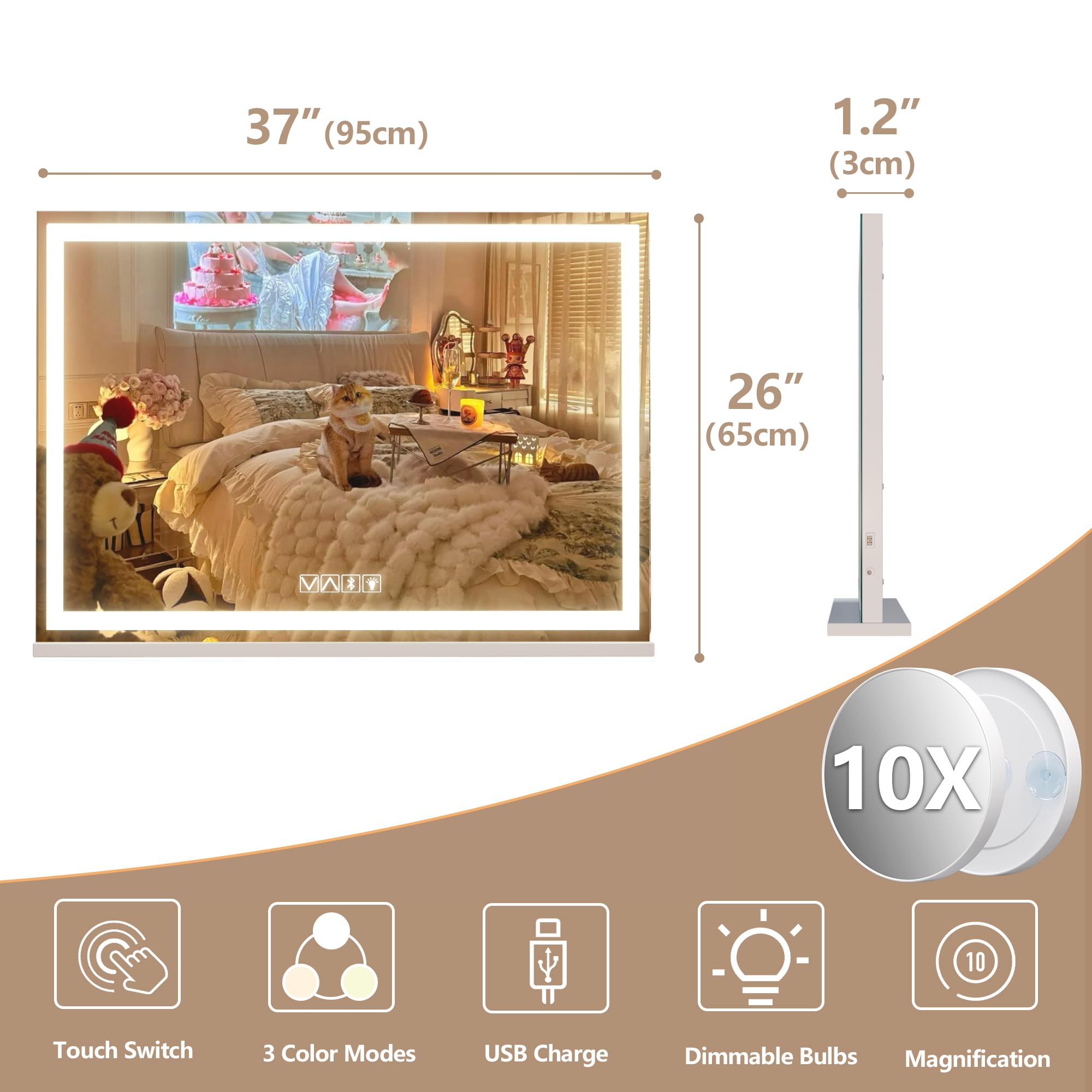 Hasipu Vanity Mirror with Lights and Bluetooth Speaker, 37" x 25.6" LED Makeup Mirror, Lighted Makeup Mirror with Dimmable 3 Modes, Touch Screen Control Vanity Mirror Square White