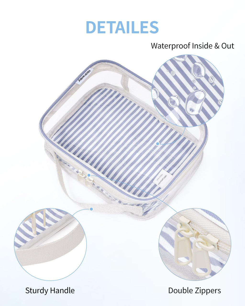 Narwey TSA Approved Clear Toiletry Bag for Travel, Waterproof PVC Clear Makeup Bags, Portable Compact Cosmetic Bag Make Up Organizer, Airport Airline Quart Size Compliant Bag (Greyish Blue Stripe)