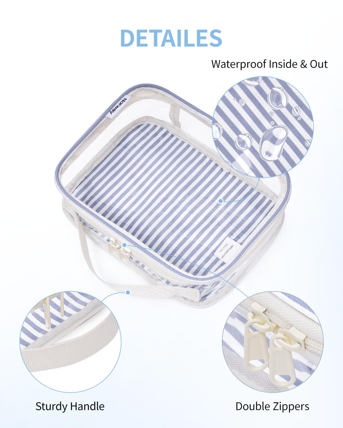 Narwey TSA Approved Clear Toiletry Bag for Travel, Waterproof PVC Clear Makeup Bags, Portable Compact Cosmetic Bag Make Up Organizer, Airport Airline Quart Size Compliant Bag (Greyish Blue Stripe)