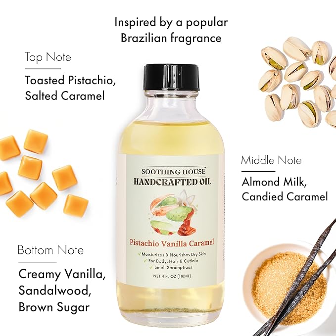 Soothing House Pistachio Vanilla Caramel Body Oil - Nourishing Body Moisturizer for Soft, Glowing Skin with Jojoba & Almond Oil (4 fl oz)