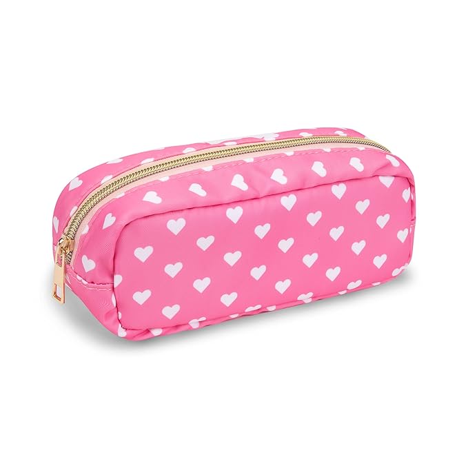 Small Pencil Case Makeup Bag for Purse, Cute Pencil Pouch Preppy Nylon Makeup Brush Bag with Zipper, Girls Portable Stationery Storage Case Small Pen Bag for Office School College(Slim-Pink Heart)