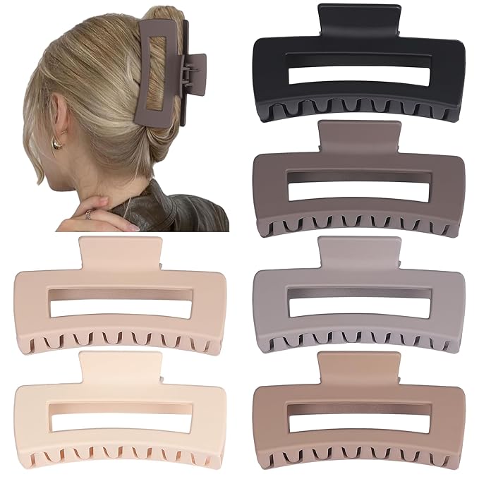 Sisiaipu 4 Inch Big Hair Claw Clips 6 Pcs Large Claw for Thick Hair Square Hair Clips for Women Rectangle Hair Clips Nonslip Acrylic Banana Jaw Clips Hair Accessories for Girls (Chocolate)