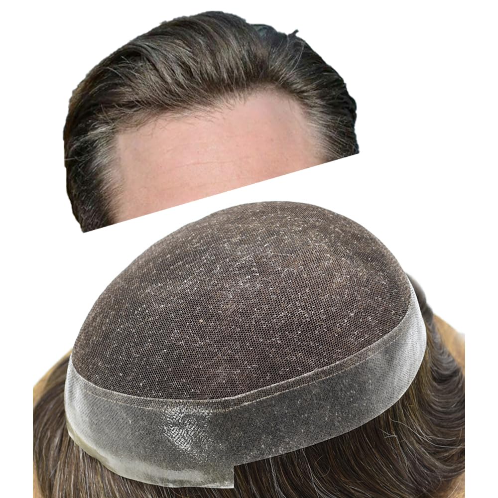 FACE MIRACLE Toupee for Men French Lace Hairpiece Human Hair Replacement System Skin PU Mens Toupee Hair Wigs for Man V-Looped Front Hair Prosthesis 6"X8" 4# MEDIUM BROWN — 8X10
