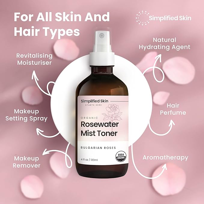 Simplified Skin Rose Water Spray for Face & Hair, Rosewater Mist Toner