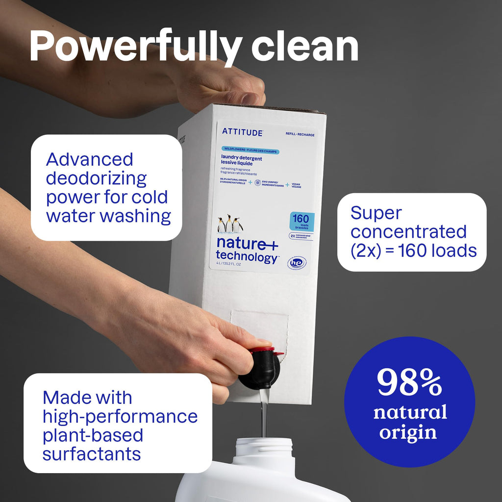 ATTITUDE Liquid Laundry Detergent Refill, EWG Verified, HE Compatible, Plant-Based & Vegan, Natural Laundry Soap, Wildflowers Scent, 160 Loads, 135.26 Fl Oz