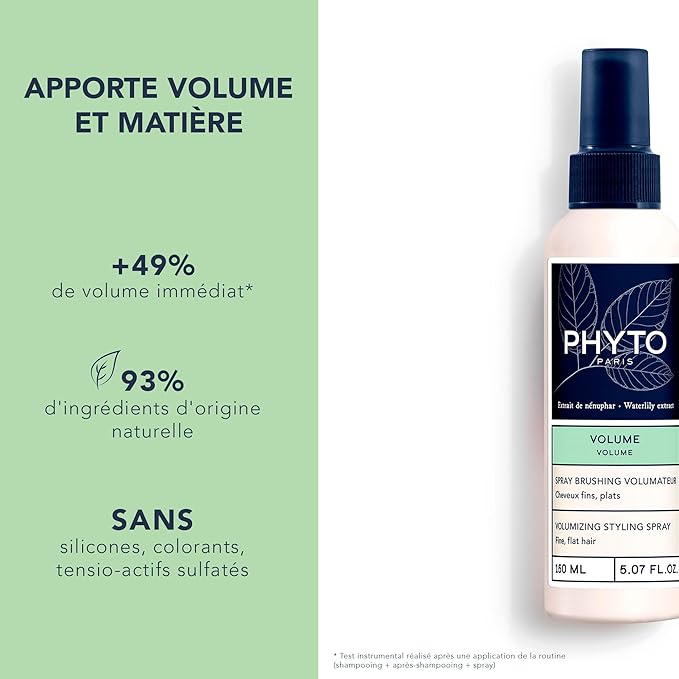 PHYTO Volume Volumizing Blow-Dry Spray for Fine & Thin Hair | Heat Protection + Instant Lift | Silicone-Free, No Stiffness | Made in France | 5.07 fl oz