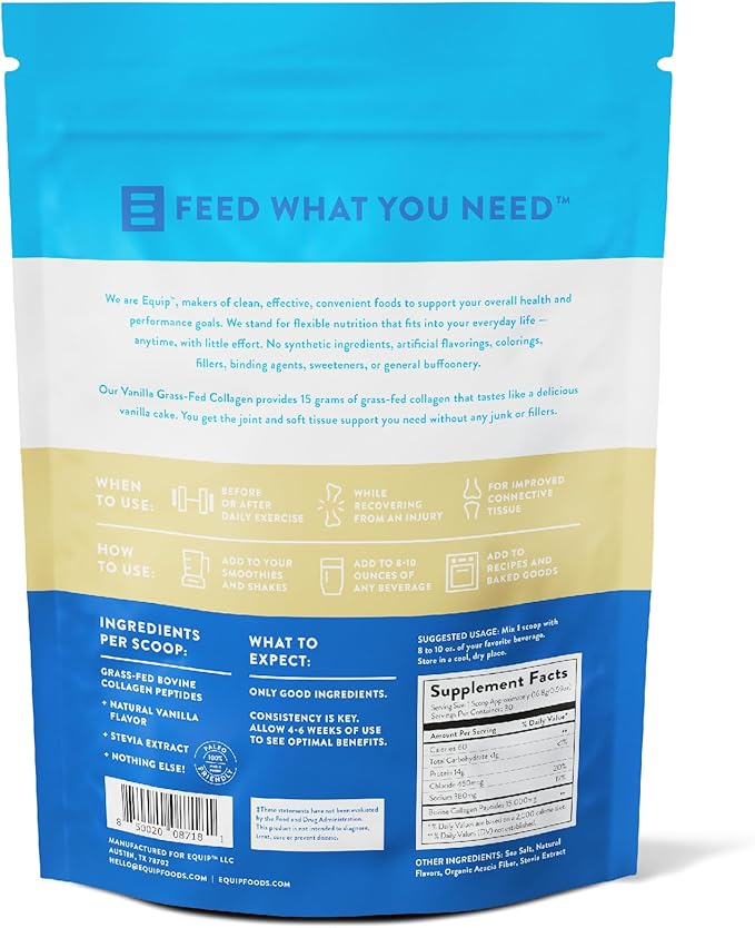 Equip Grass-Fed Hydrolyzed Collagen Powder - Pasture-Raised Bovine Collagen Peptides Powder - 14g Per Scoop - Clean, Daily Supplement for Joints, Gut, Skin, Hair & Nails - Vanilla (30 Scoops)