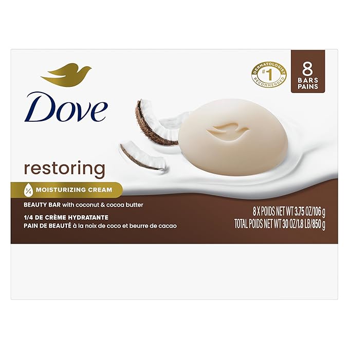 Dove Restoring Beauty Bar Soap 8 Count, Coconut & Cocoa Butter, 3.75 oz