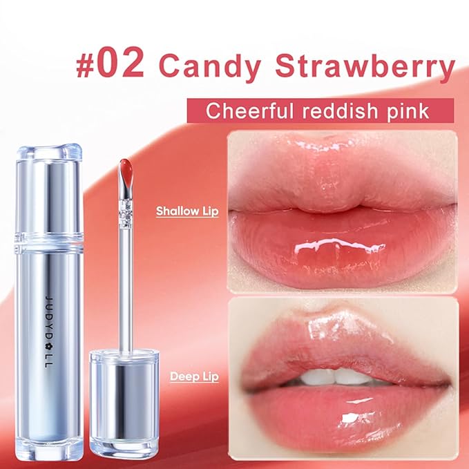 JUDYDOLL Ice Watery Lip Gloss, Moisturizing Liquid Lipstick with Hyaluronic Acid & Collagen, Non-sticky, No transfer Long-lasting Mirror Lip Glazes with Patented Iron Applicator (#02 Candy Strawberry)