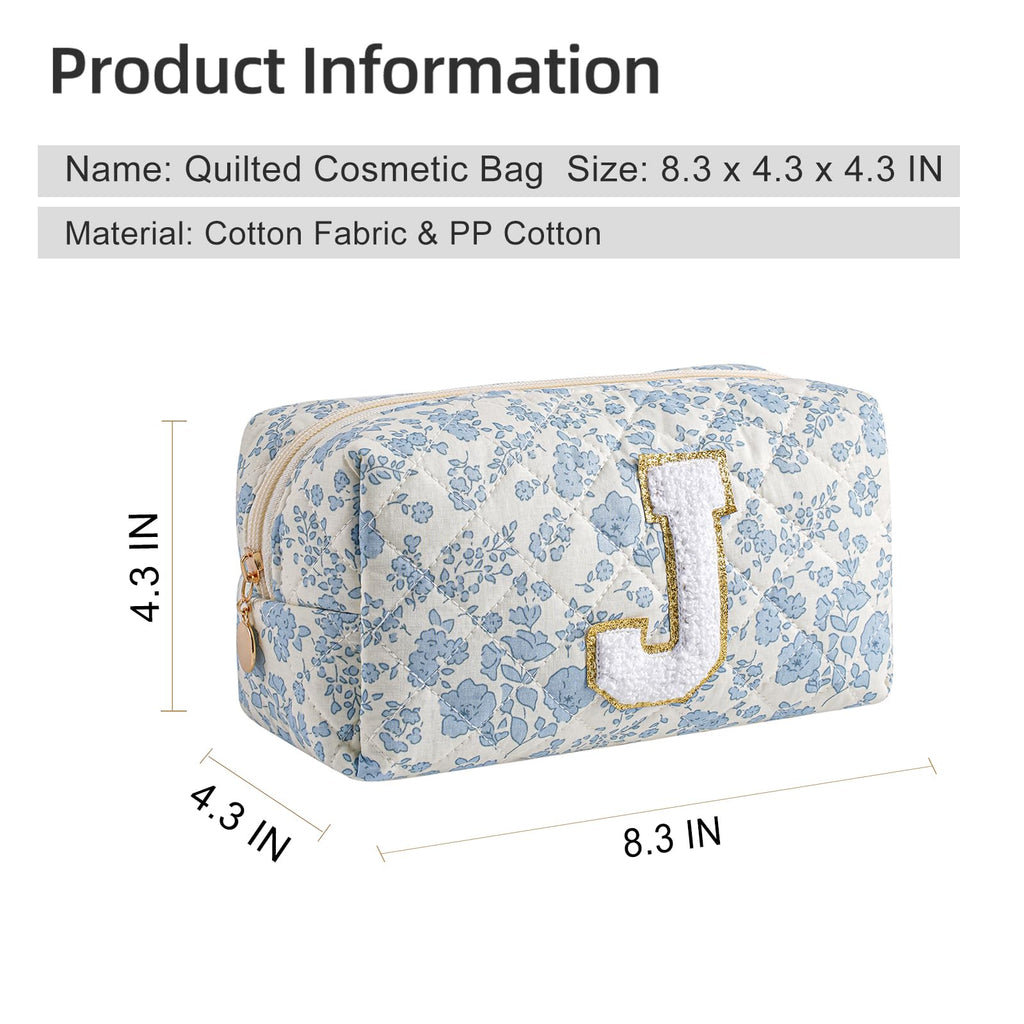 Gleyemor Personalized Initial Makeup Bag for Women, Cute Quilted Blue Floral Cotton Cosmetic Bag, Christmas Gifts for Her Mom Friend Sister Bridesmaid Teacher Women J