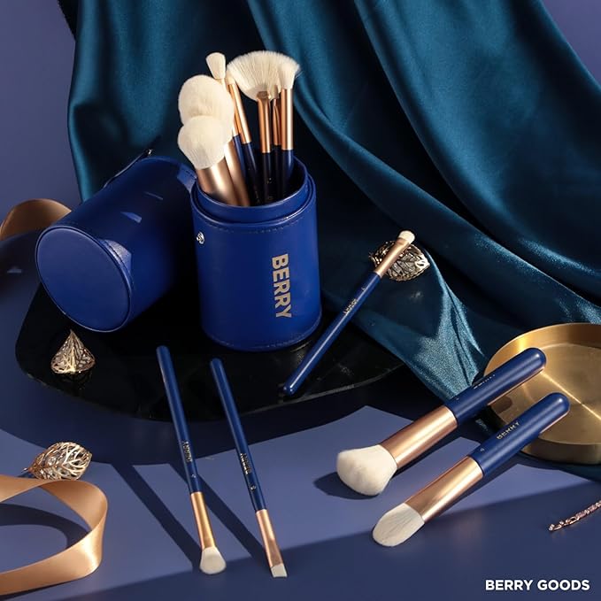BERRY GOODS Vegan Makeup Brush Set, 12 Brushes with Travel Case, Blue