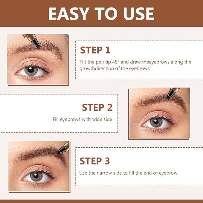 2Pcs Magic Microblading Eyebrow Pencil, 4-Tip Brow Pencil with Micro-Fork Tip, 3D Waterproof Microblading Eyebrow Pen, Eyebrow Tattoo Pen for Natural Makeup (Light Brown)