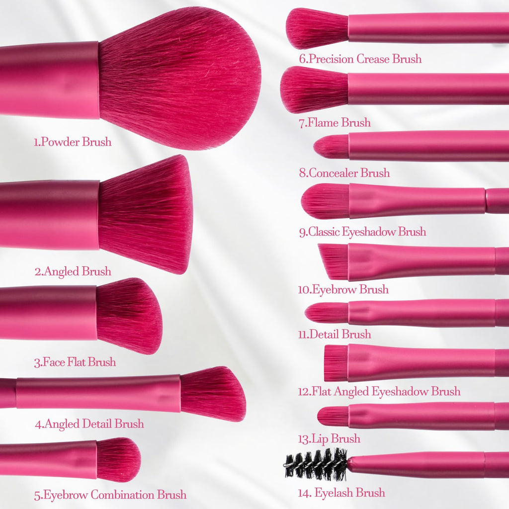 BS-MALL Travel Makeup Brush Set Foundation Powder Concealers Eye Shadows Makeup Set with LED light Mirror 14 Pcs (HotPink)