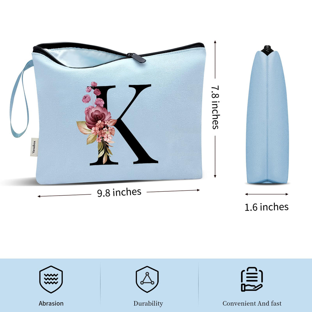 Vavabox A-Z Personalized Makeup Bag, Birthday Gifts for Women Mom, Gifts for Best Friend, Bride Bridesmaid Cosmetic bag (K, Blue)