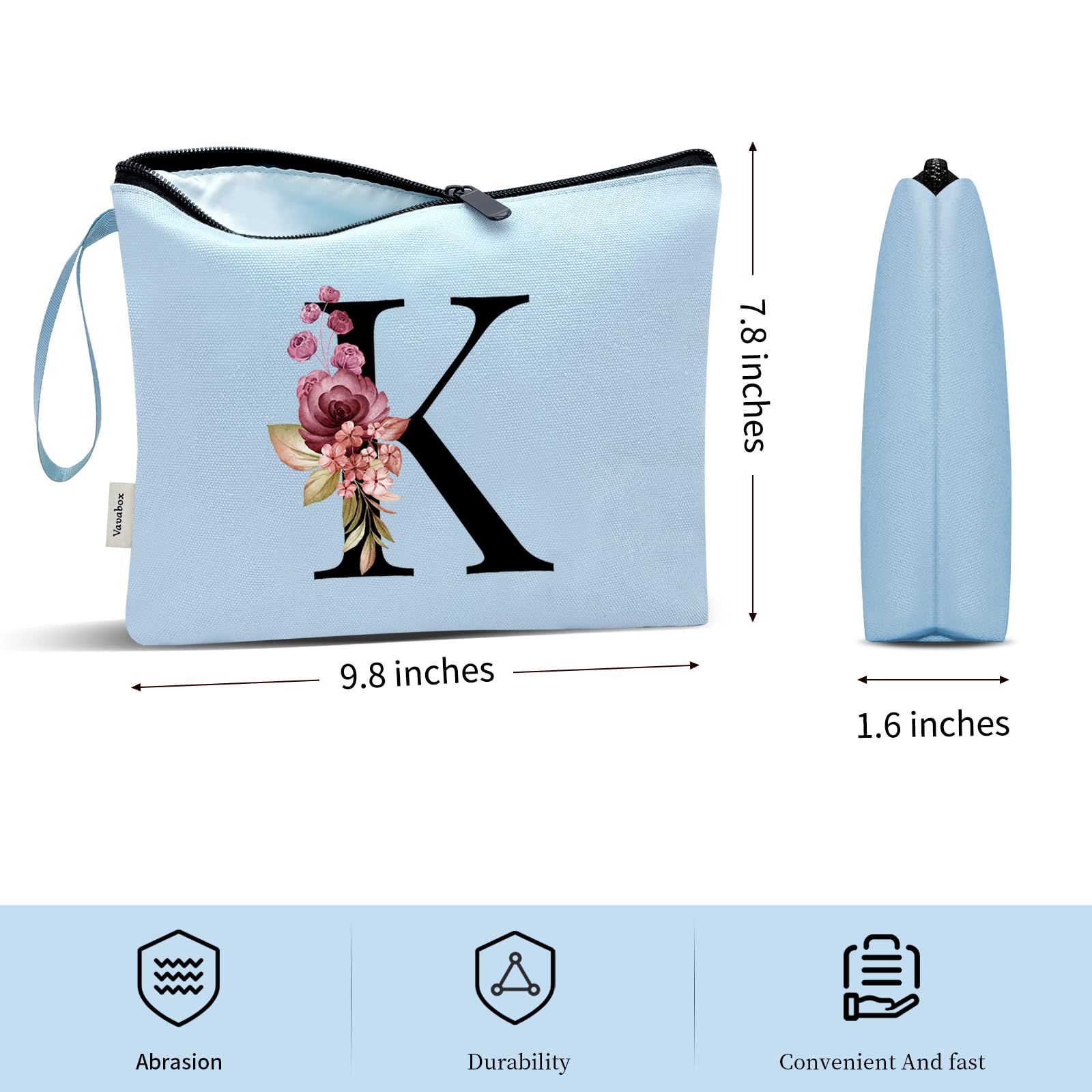 Vavabox A-Z Personalized Makeup Bag, Birthday Gifts for Women Mom, Gifts for Best Friend, Bride Bridesmaid Cosmetic bag (K, Blue)