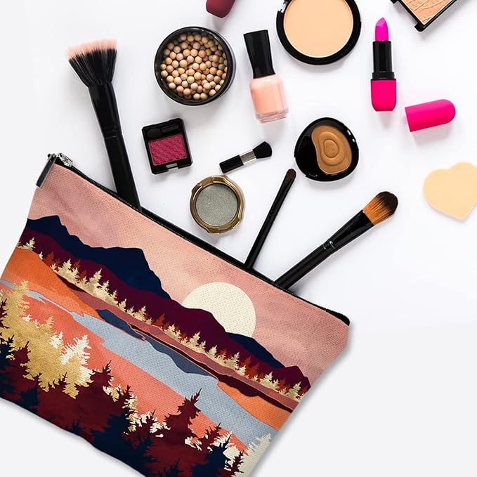 Givotin Cute Makeup Bag for Purse Canvas Waterproof Funny Cosmetic Bags for Women Zipper Travel Toiletry Pouch-Mountain Makeup Bags-Red
