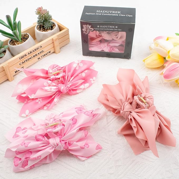Hadutrek Bow Claw Clips Bow Hair Clips Pink 3PCS Big Hair Bows for Women Butterfly Styling Large Hair Clips for Thick Hair for Girls Hair Accessories for Women