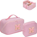 2026 Graduation Gifts - Travel Makeup Bag for Women, 2Pcs Portable Personalized Initial Makeup Organizer Bag, Open Flat Large Cosmetic Bag With Travel Essential Pouch (Pink Letter M)