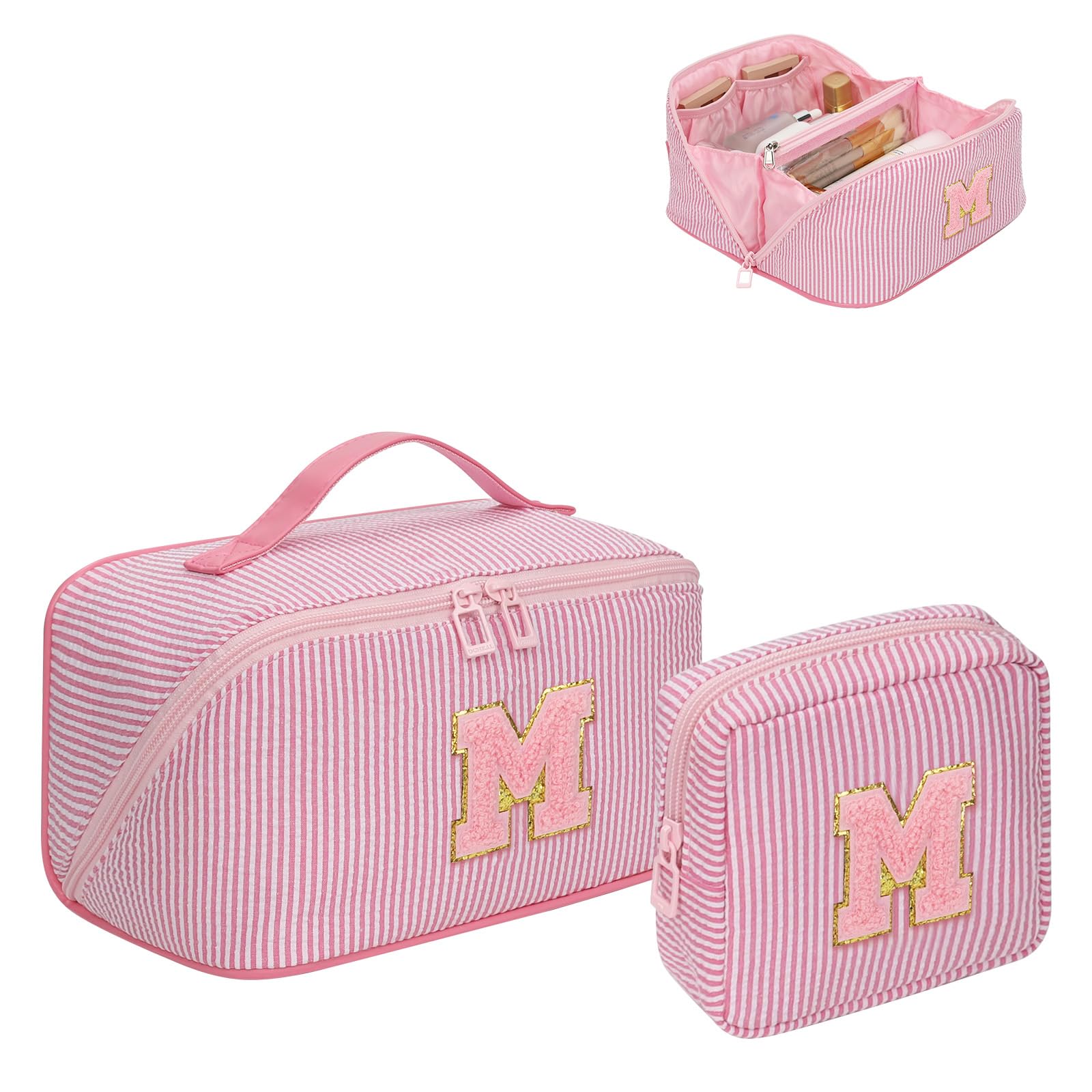 2026 Graduation Gifts - Travel Makeup Bag for Women, 2Pcs Portable Personalized Initial Makeup Organizer Bag, Open Flat Large Cosmetic Bag With Travel Essential Pouch (Pink Letter M)