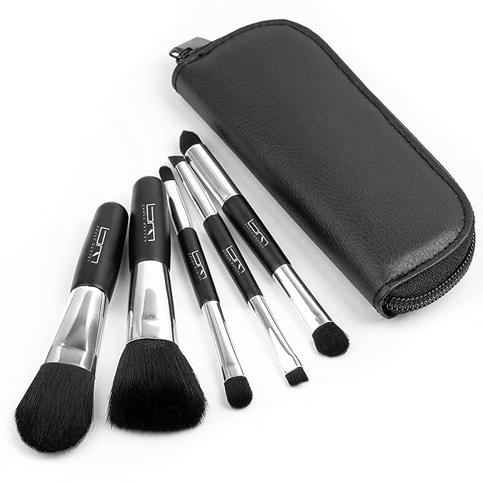 Brush Master Mini Travel Makeup Brushes Set, 5Pcs Double Ended Portable Cosmetic Brushes Kit with Storage Pouch for Foundation Eyeshadow Blush Lip Eyebrow, Black