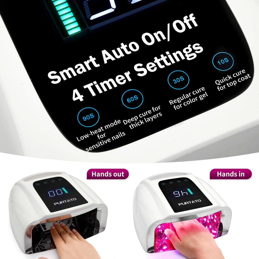 PURTATO Professional Rechargeable 96W UV LED Portable Cordless UV Light for Nail Lamp Machine with Removable Stainless Steel Bottom,4 Timer Setting and Smart Sensor Nail Dryer (White)
