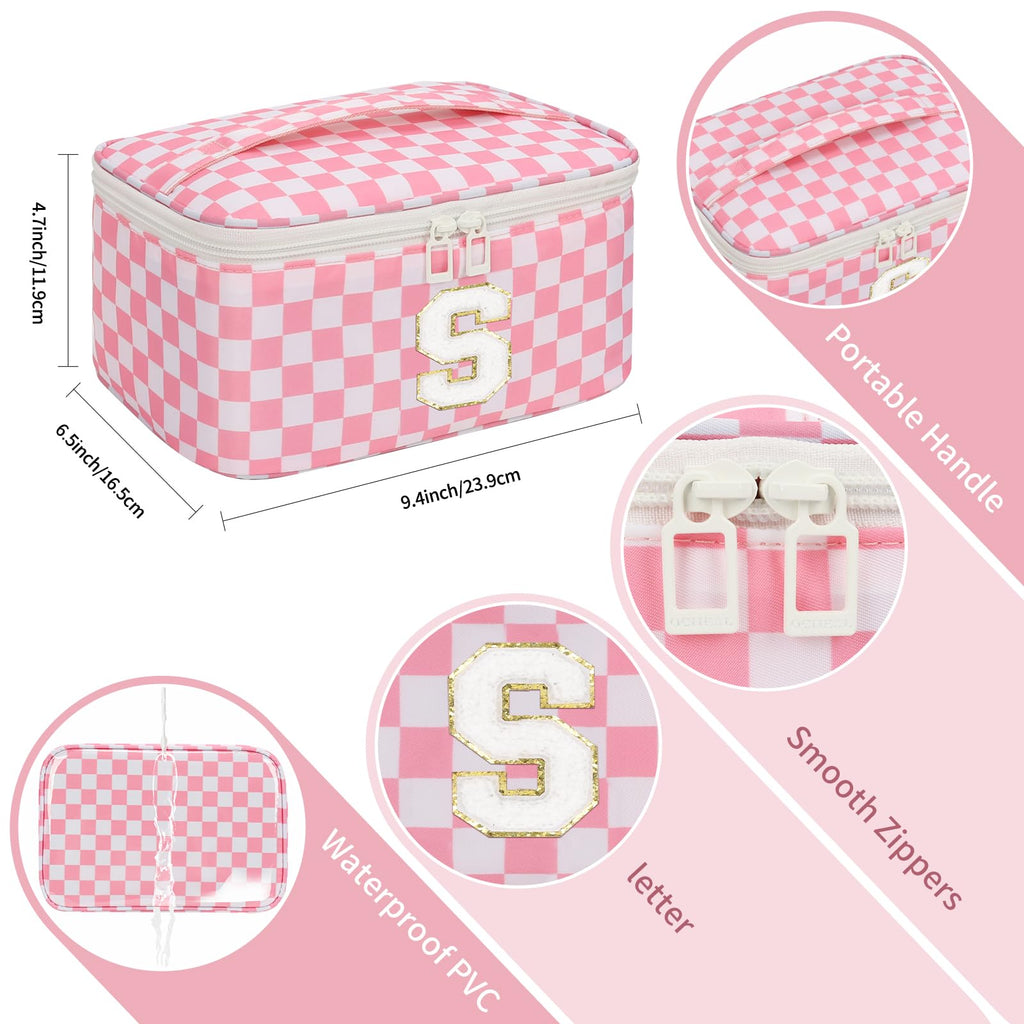 OCHEAL Makeup Bag for Women, Monogram Cosmetic Bag Pink Travel Makeup Case Beauty Toiletry Bag Organizer Personalized Gifts for Girls Bridesmaid, Sister, Wife, Friends Initial S