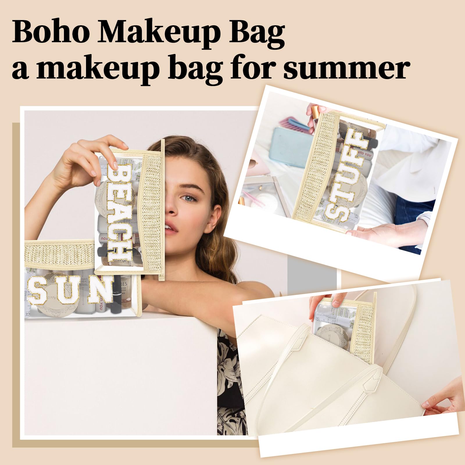 Small Boho Straw Clear Beach Makeup Bags for Women&Girls, Zipper Cosmetic Bag Chenille Varsity Letter Patch Bag, Preppy Cute Toiletry Pouch, Trendy Organizer Storage Bag for Beach Travel Essentials