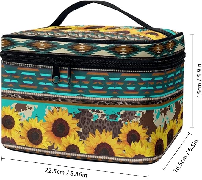 Drydeepin Western Aztec Sunflower Makeup Bag for Women Ladies Classic Cheetah Leopard Pattern Portable Cosmetic Bag with Zipper and Carry Handle Make Up Tote Bags Boho Tribal Toiletry Case Organizer
