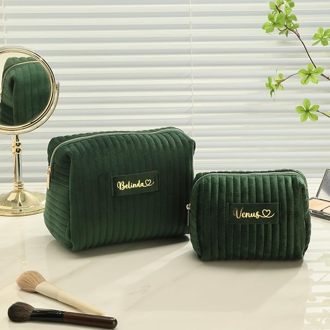 Snirov Custom Makeup Bag, Green Velvet Personalized Cosmetic Bag with Zipper for Women Teen Girls Birthday Gifts Mothers Day Gifts for Mom