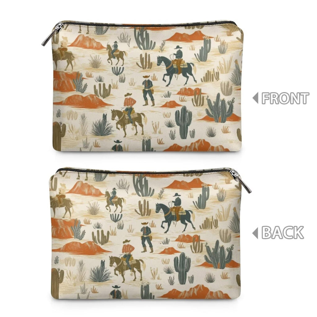 COEQINE Leather Cosmetic Purses for Women Western Purse Aztec Cltuch Wallet Travel Makeup Bag With Zipper Portable Cosmetic Pouch for Ladies Cell Phone Case,Cactus Race Horse Pattern
