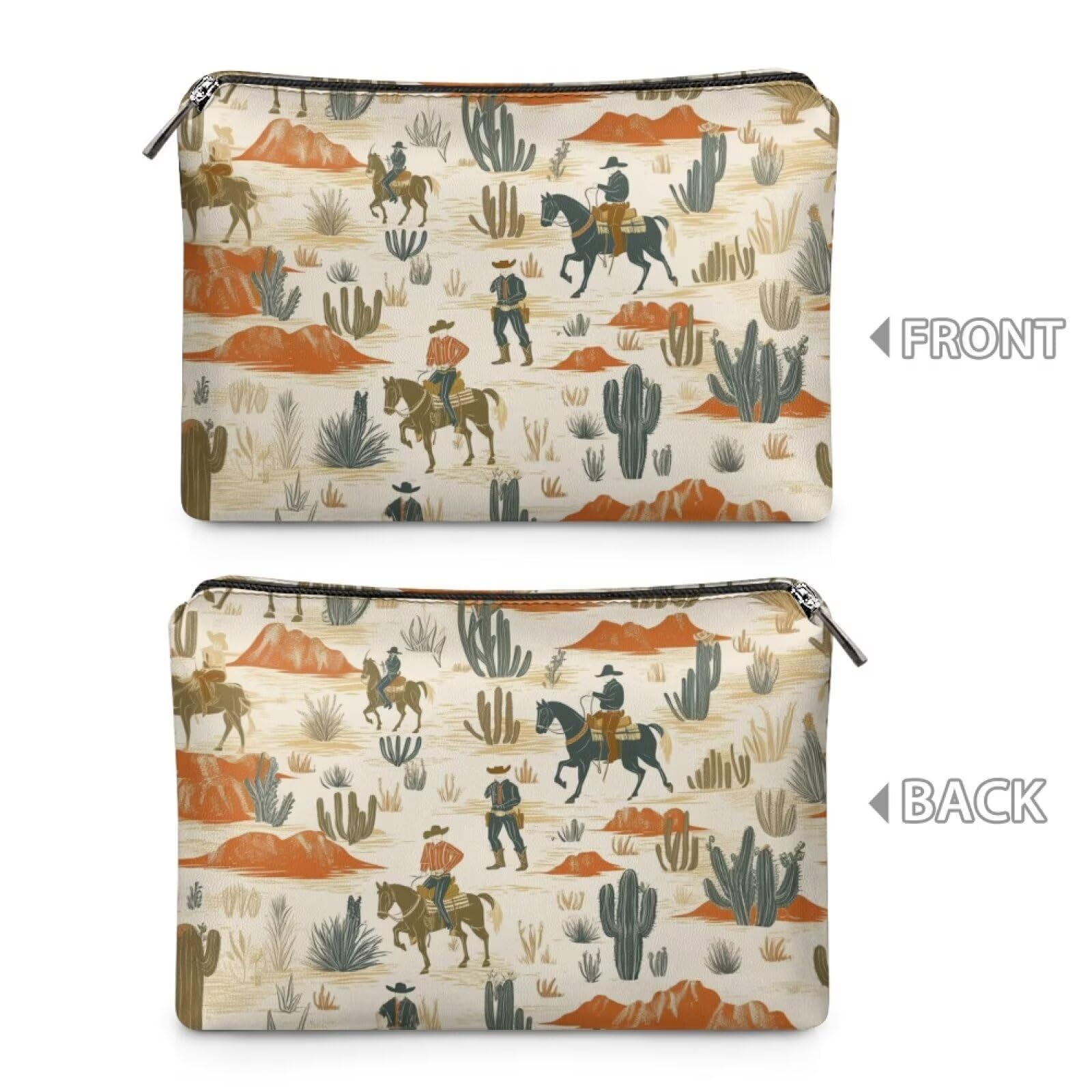 COEQINE Leather Cosmetic Purses for Women Western Purse Aztec Cltuch Wallet Travel Makeup Bag With Zipper Portable Cosmetic Pouch for Ladies Cell Phone Case,Cactus Race Horse Pattern