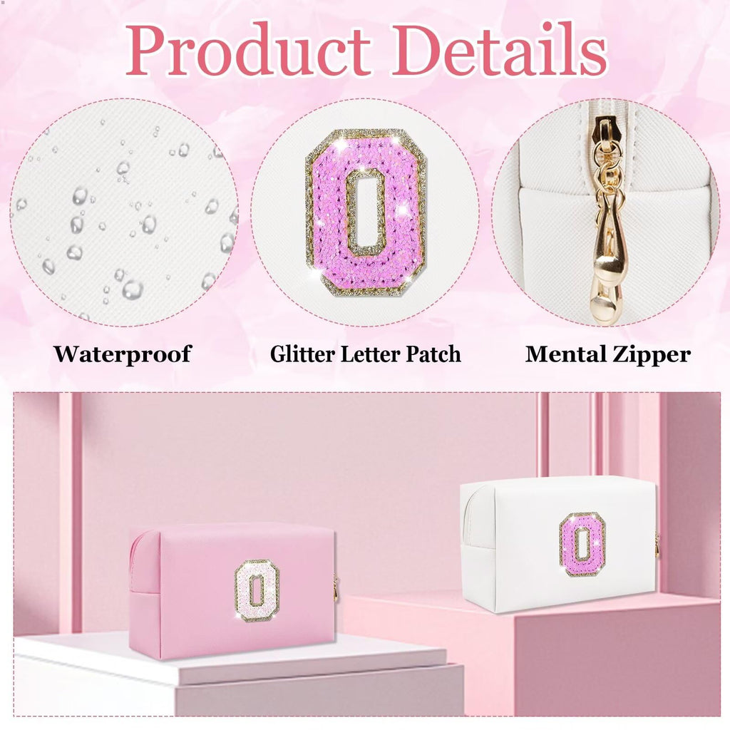 Glitter Initial Letter Makeup Bag, Small Personalized Sequins Letters PU Leather Cosmetic Bag Portable Waterproof Makeup Zipper Pouch, Shine Handbag Organizer Travel Bag Gifts for Women&Girls(White-O)