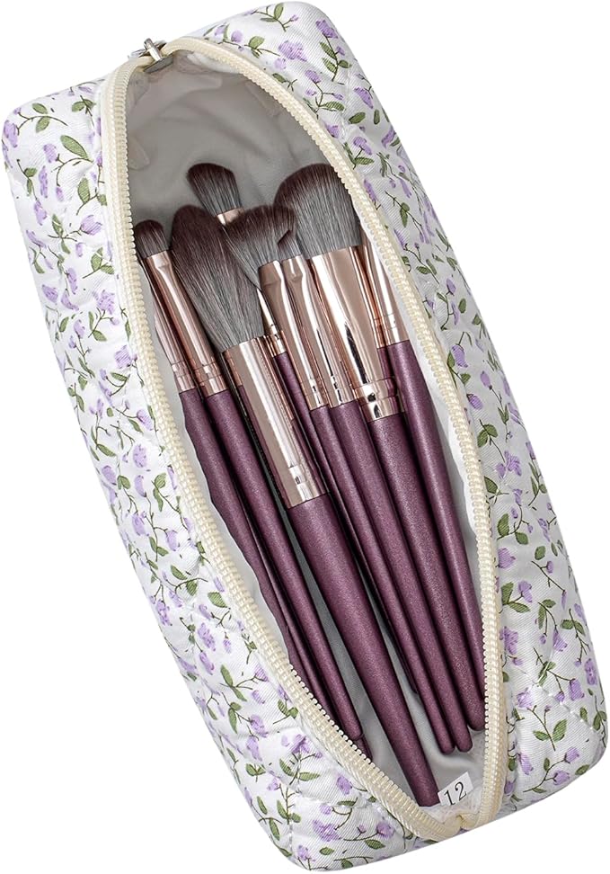 HHQQWZ Cute Floral Cotton Makeup Brush Cosmetic Bag for Women, Travel Quilted Zipper Make Up Bag, Flowers Toiletry Organizer Case Kawaii Makeup Cosmetic Travel Cloth Pouch (Pink+Purple Floral)