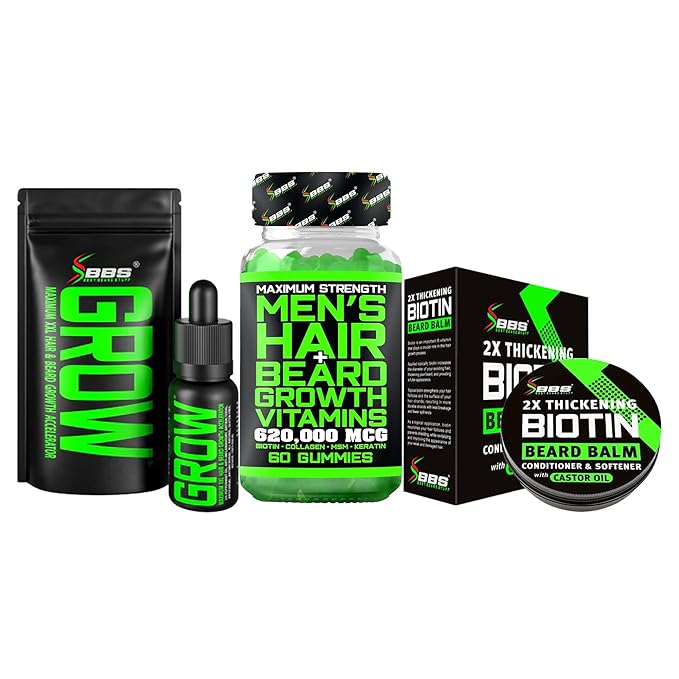 Biotin Beard Balm + XXL Beard Growth Serum + 620,000mcg Beard Growth Vitamins – Beard Kit for Men with Mustache Wax, Collagen, MSM & Castor Oil – Fills Patches, Thickens & Styles