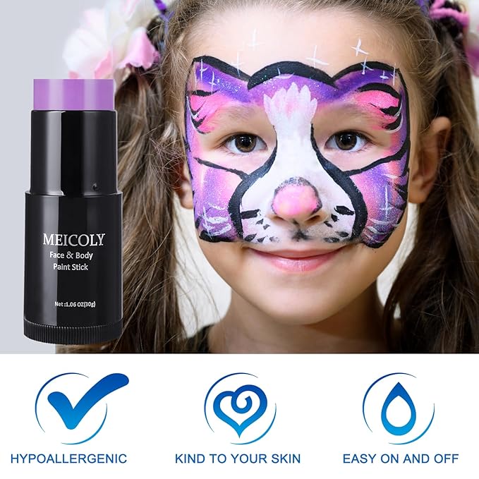 MEICOLY Light Purple Face Body Paint Stick(1.06 Oz),Cream Lavender Periwinkle Body Paint,Sweatproof Waterproof Purple Eye Black for Sports,Violet Lilac Face Paint for Halloween SFX Ursula Cosplay
