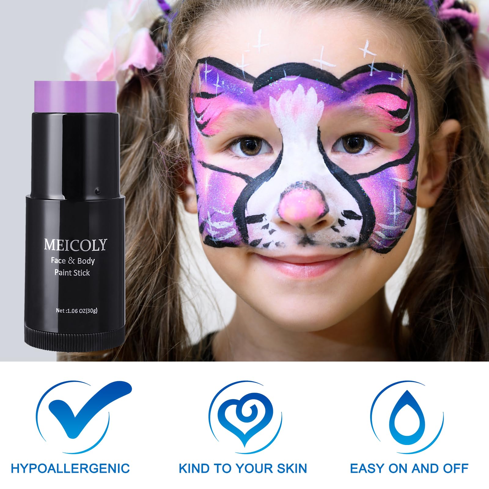MEICOLY Light Purple Face Body Paint Stick(1.06 Oz),Cream Lavender Periwinkle Body Paint,Sweatproof Waterproof Purple Eye Black for Sports,Violet Lilac Face Paint for Halloween SFX Ursula Cosplay