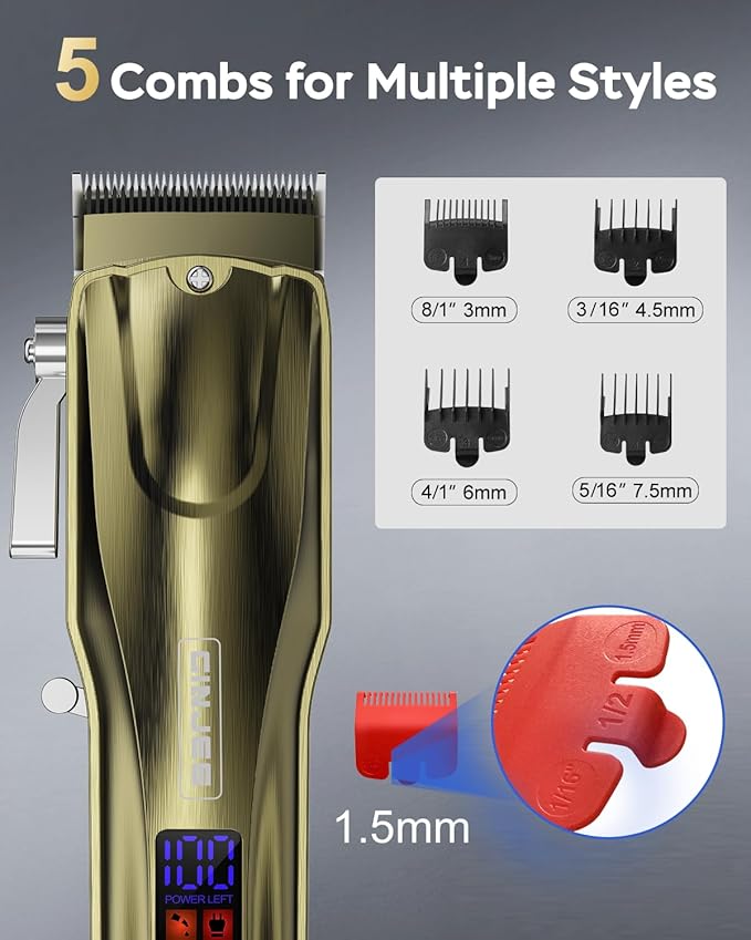 GinJee Hair Clippers for Men, Cordless & Corded Barber Clipper with 5Hrs Runtime, 7000RPM Rotary Motor & LED Display, Waterproof Professional Hair Cutting Kit for Men and Home Use (Gold)