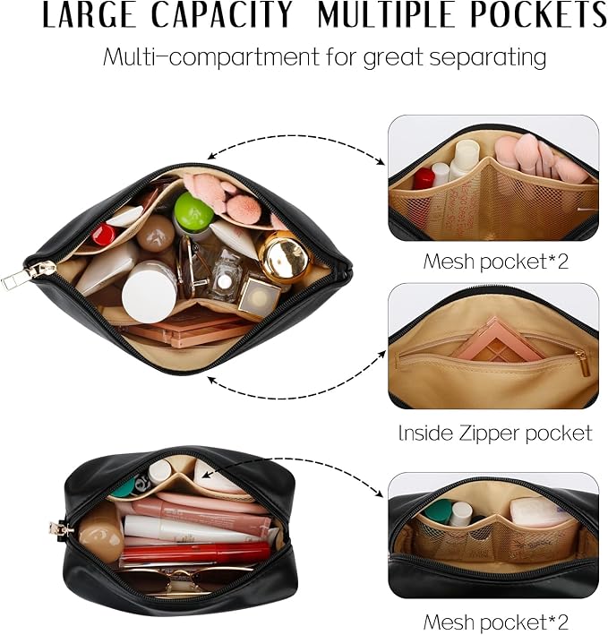 Women Gifts | Initial Makeup Bag Set for Girl Personalized Gifts for Bridesmaid Friend Graduation Teachers PU Leather Cosmetic Travel Toiletry Bag(Black,F)