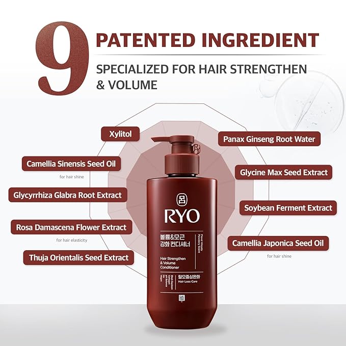 RYO Strengthen & Volume Conditioner - Rice Peptide with Korean Ginseng & Caffeine - Volumizing and Revitalizing for Fine Hair, Anti Loss Care, Strengthening hair roots, 16 Fl Oz.