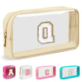 Small Clear Personalized Initial Makeup Bag, Preppy Nylon A-Z Chenille Letter Patch Makeup Organizer TSA Approved Travel Toiletry Bag,Waterproof Zip Beach Cosmetic Pouch Purse for Women(Beige-White Q)