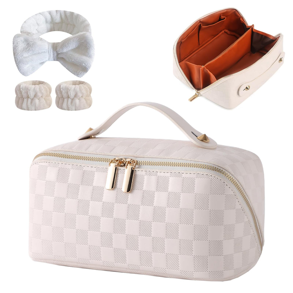 Cuteseason PU Leather Makeup Bag for Women, Structured Makeup Case with Wide Opening, Travel Cosmetic Bag with Compartments and Handle, Water-Resistant Makeup Organizer(White Checkered Grain)