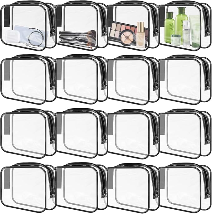 GONITYOU 16 Pieces Clear Makeup Bags Bulk, TSA Approved Toiletry Bags Travel Pouch, Waterproof PVC Plastic Small Clear Cosmetic Bags with Zipper for Organizing (Black Border)